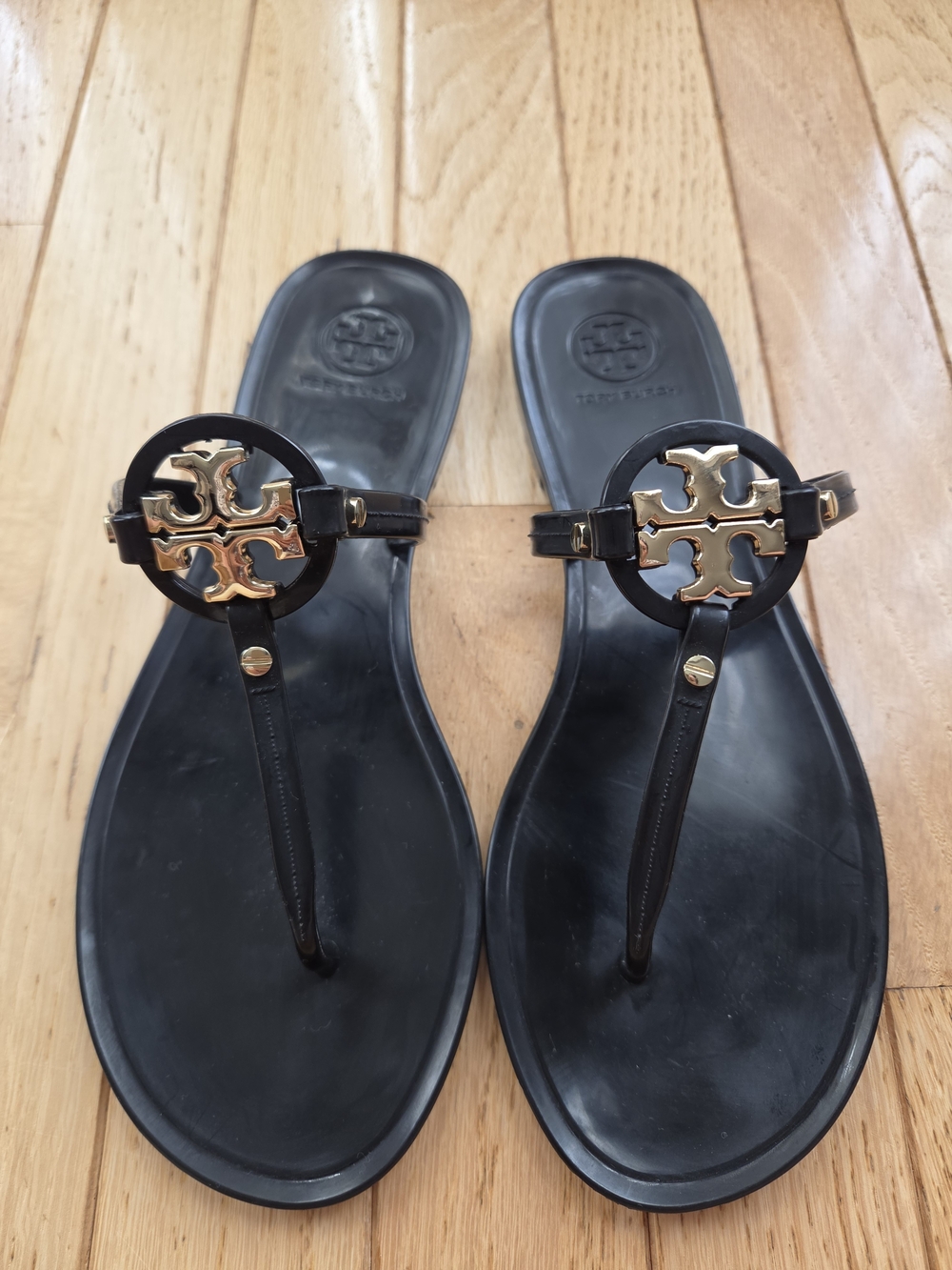 Tory Burch Mini Miller Jelly Thong Sandals in Black and Gold Sz 7